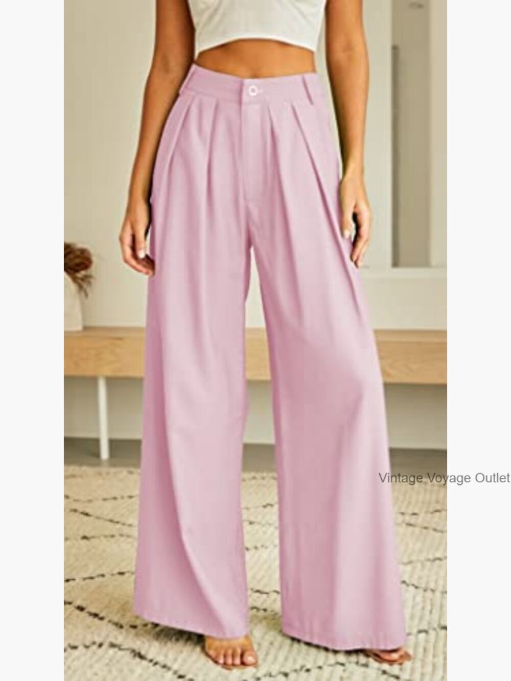 High Waist Wide Leg Palazzo Pants, Polyester Work Pants with Pockets - Picture 5 of 7